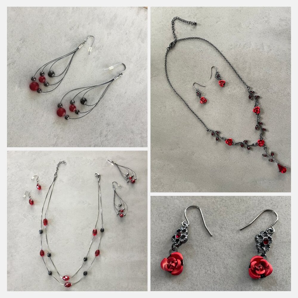 Romantic Red & Charcoal Bead Necklace and Earrings Set